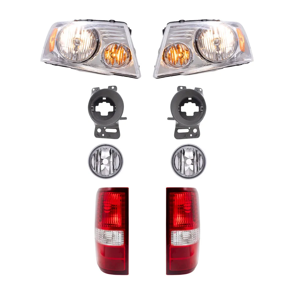 Brock Aftermarket Replacement Driver Left Passenger Right Headlights with Chrome Bezel-Round Fog Lights-Brackets and Styleside Tail Lights 8 Piece Set Compatible with 2006-2008 Ford F-150