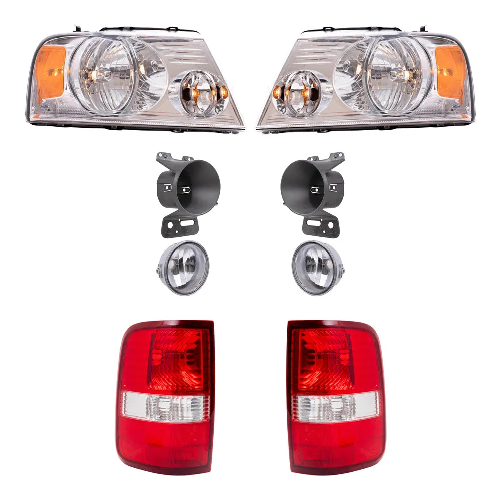 Brock Aftermarket Replacement Driver Left Passenger Right Headlights with Chrome Bezel-Round Fog Lights-Brackets and Styleside Tail Lights 8 Piece Set Compatible with 2006-2008 Ford F-150