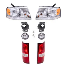 Brock Aftermarket Replacement Driver Left Passenger Right Headlights with Chrome Bezel-Round Fog Lights-Brackets and Styleside Tail Lights 8 Piece Set Compatible with 2006-2008 Ford F-150