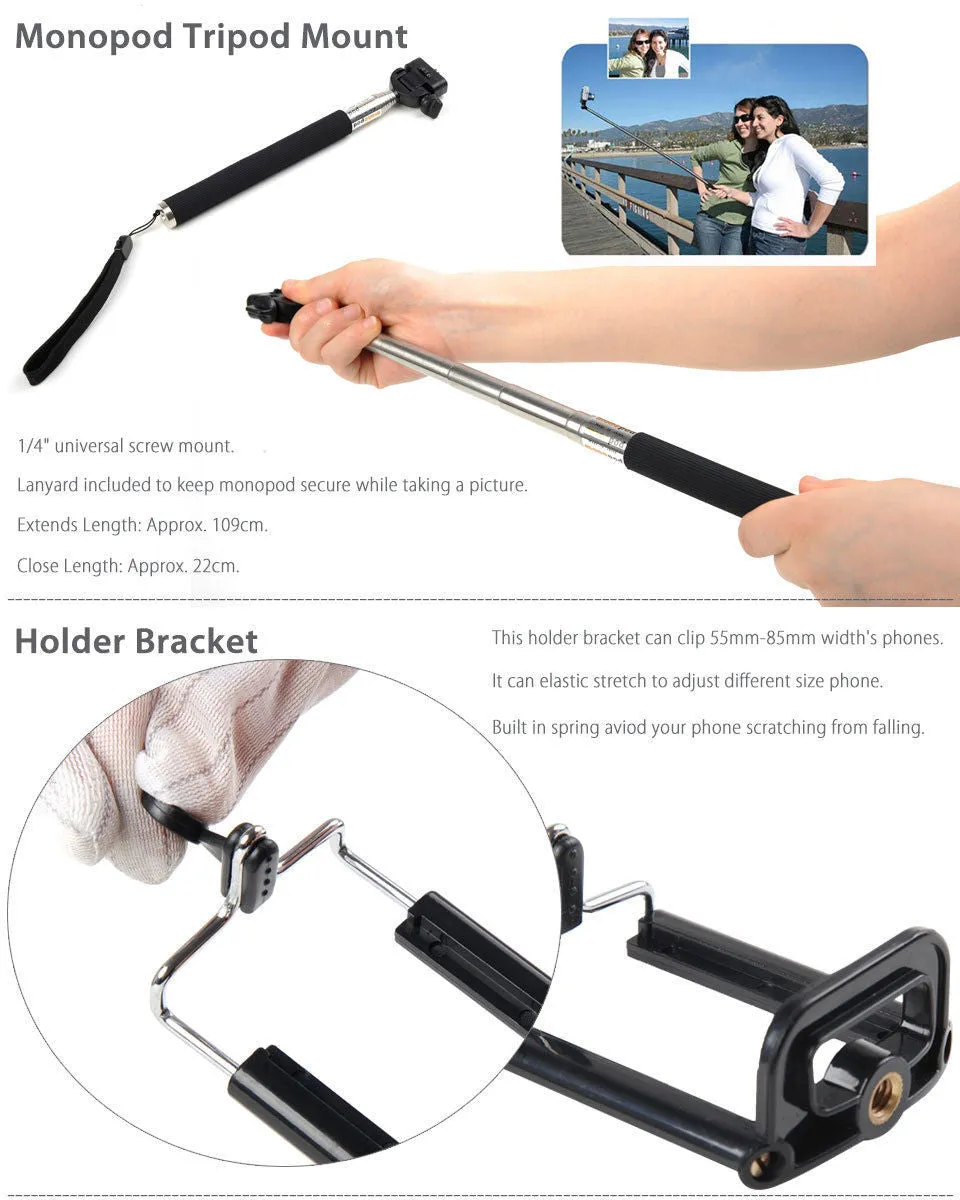 Camera Monopod Selfie Stick 1M for cellphone Apple iphone Multi Colors - White