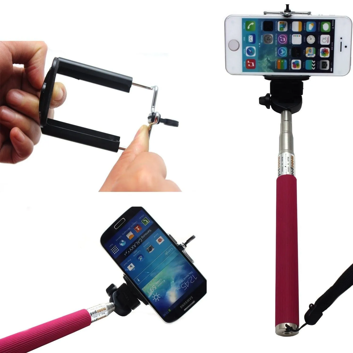 Camera Monopod Selfie Stick 1M for cellphone Apple iphone Multi Colors - White