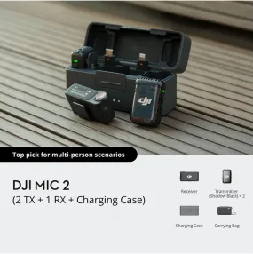 DJI Mic 2 Wireless Mic System Dual Microphone Kit  (2 TX   1 RX   Charging Case)