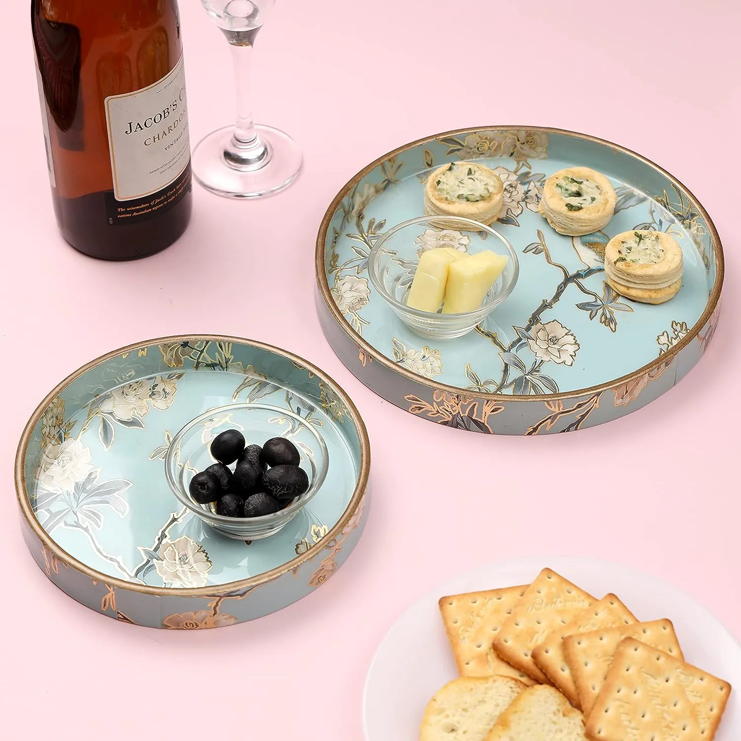 ENAMEL COATED ROUND WOODEN SERVING TRAY - PACK OF 2