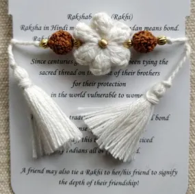 Handmade Crochet Rakhi with Rudraksh - White flower