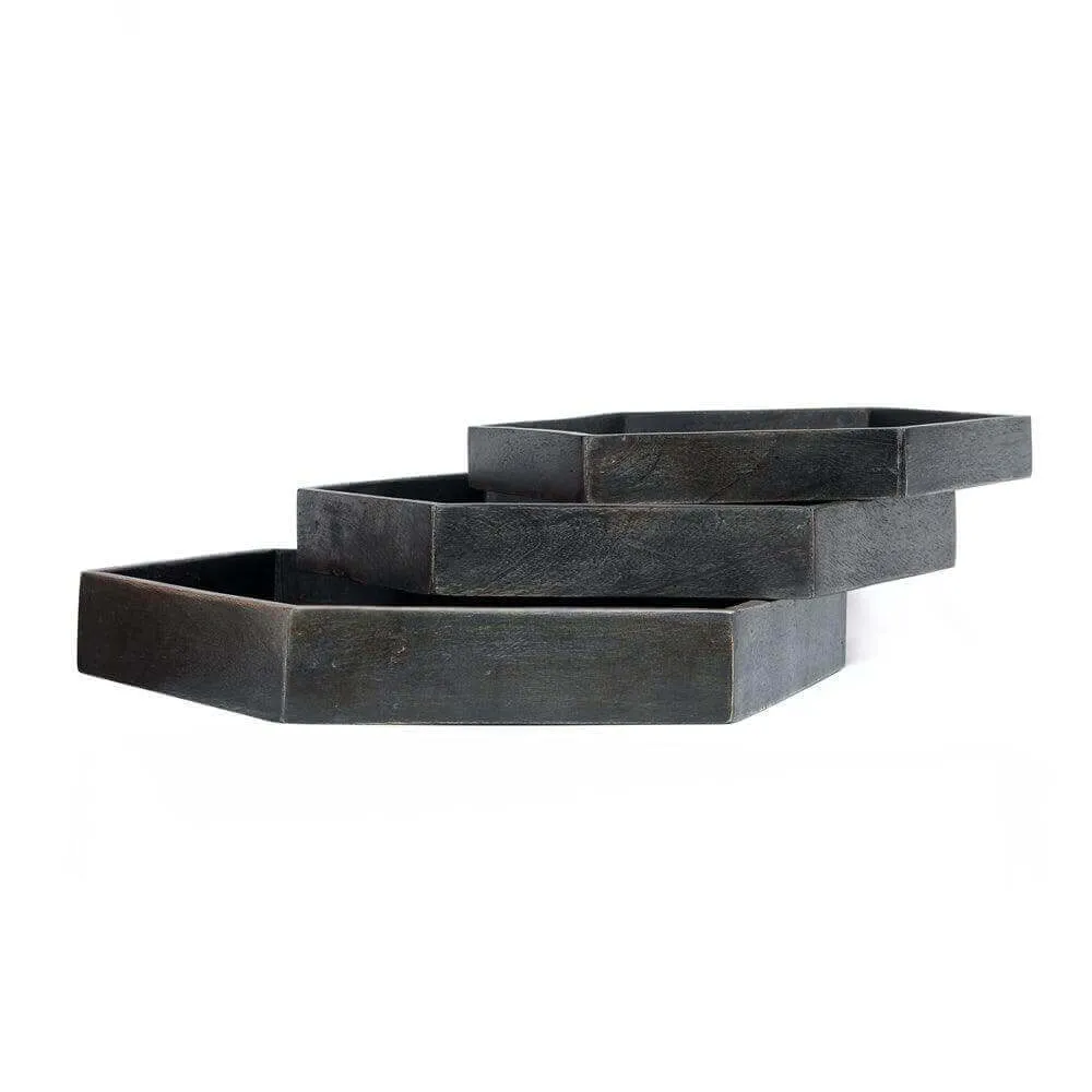 Hexagon wooden tray black set of 3