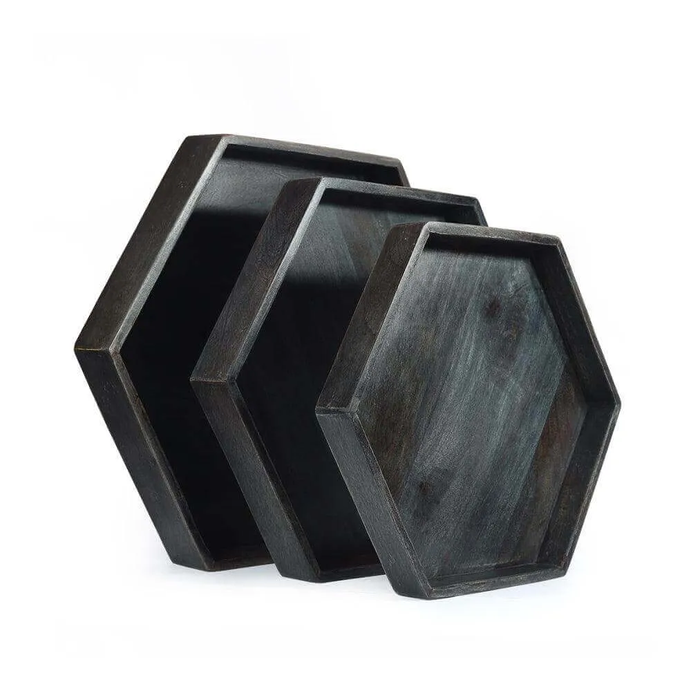 Hexagon wooden tray black set of 3