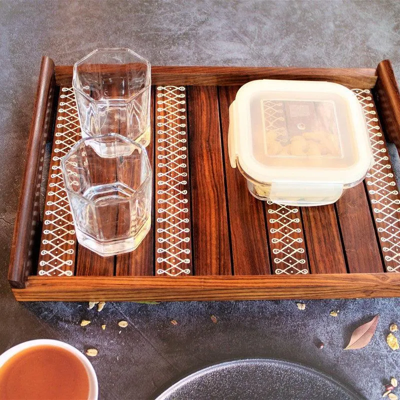 Kolam Inspired Hand Painted Wooden Serving Tray Set