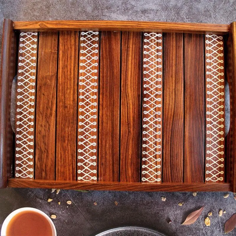Kolam Inspired Hand Painted Wooden Serving Tray Set