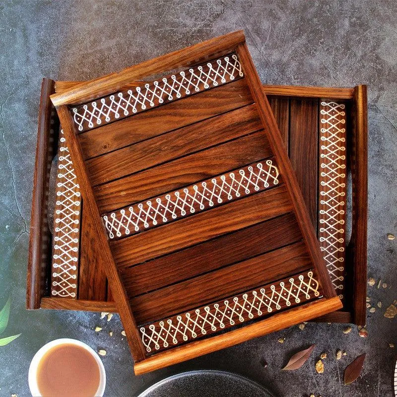 Kolam Inspired Hand Painted Wooden Serving Tray Set