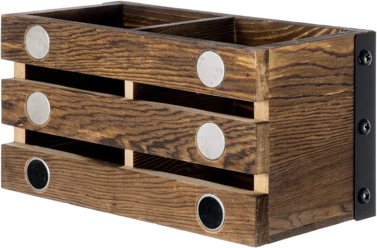 Magnetic Burnt Wood Caddy with Matte Black Metal Corner Brackets, Office Stationery Organizer, White Board Marker Basket
