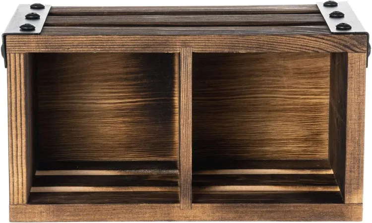 Magnetic Burnt Wood Caddy with Matte Black Metal Corner Brackets, Office Stationery Organizer, White Board Marker Basket