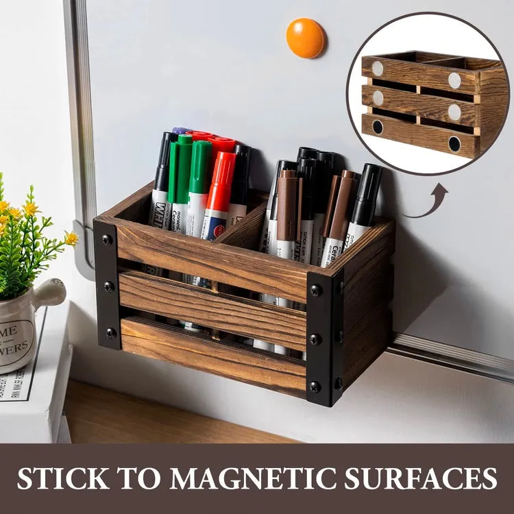 Magnetic Burnt Wood Caddy with Matte Black Metal Corner Brackets, Office Stationery Organizer, White Board Marker Basket