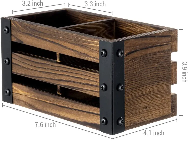 Magnetic Burnt Wood Caddy with Matte Black Metal Corner Brackets, Office Stationery Organizer, White Board Marker Basket