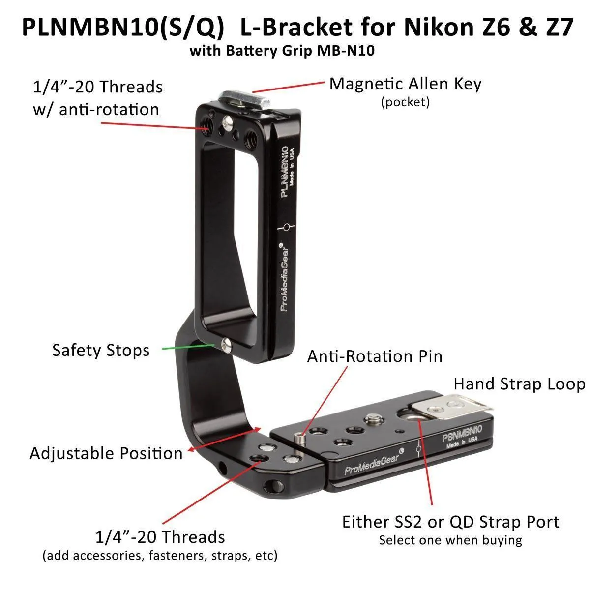 PLNMBN10 L-Bracket plate for Nikon Z6 and Z7 Original and Mark II with MB-N10 Battery Pack Grip