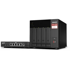 QNAP TS-473A-SW5T 4-Bay Cloud Storage NAS Enclosure   QSW-1105-5T Switch 5 Port
