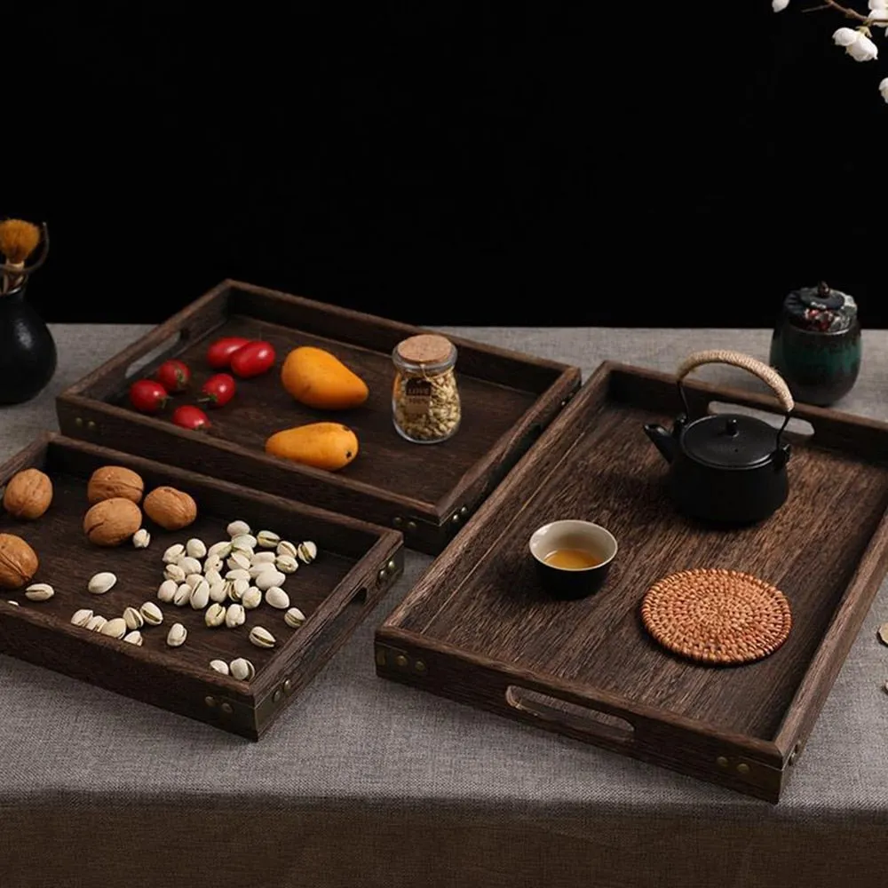 Rustic Wooden Serving Trays with Handle - Rectangular