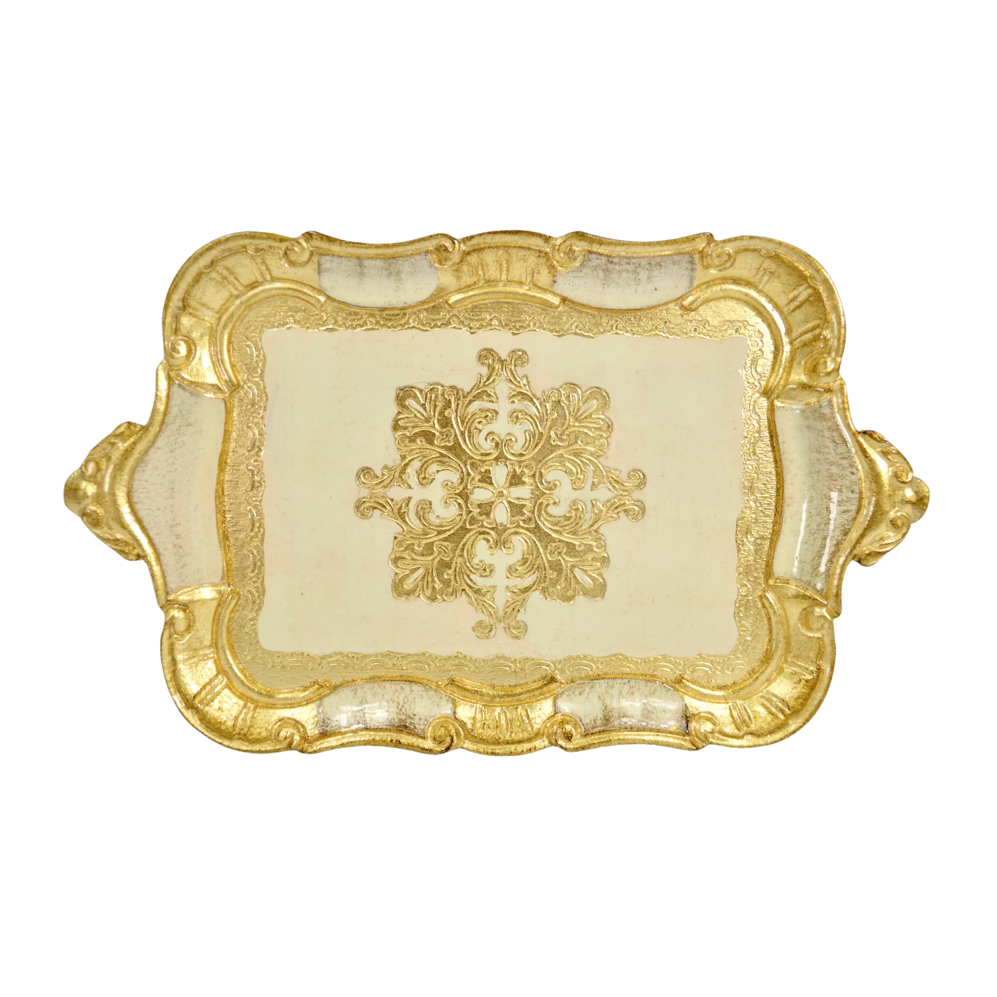 Small Florentine Carved Wood Tray with handles, Made in Italy