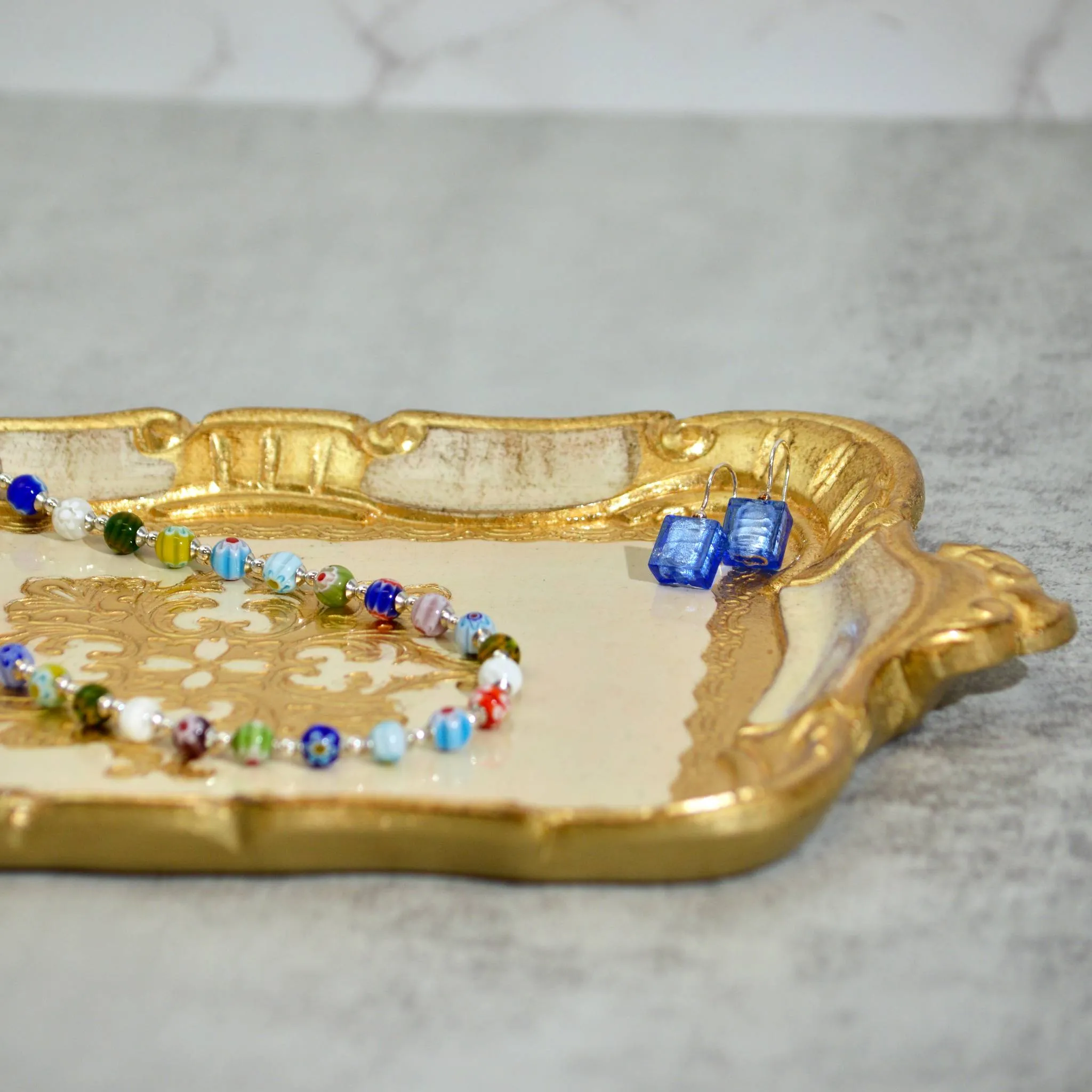 Small Florentine Carved Wood Tray with handles, Made in Italy