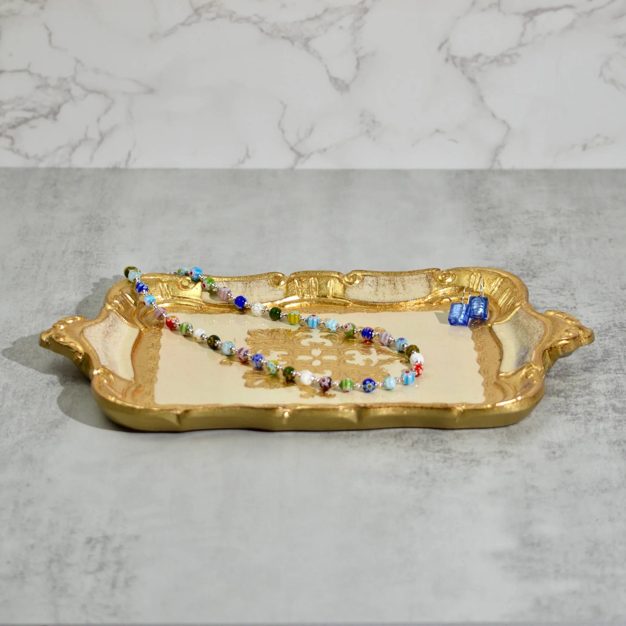 Small Florentine Carved Wood Tray with handles, Made in Italy