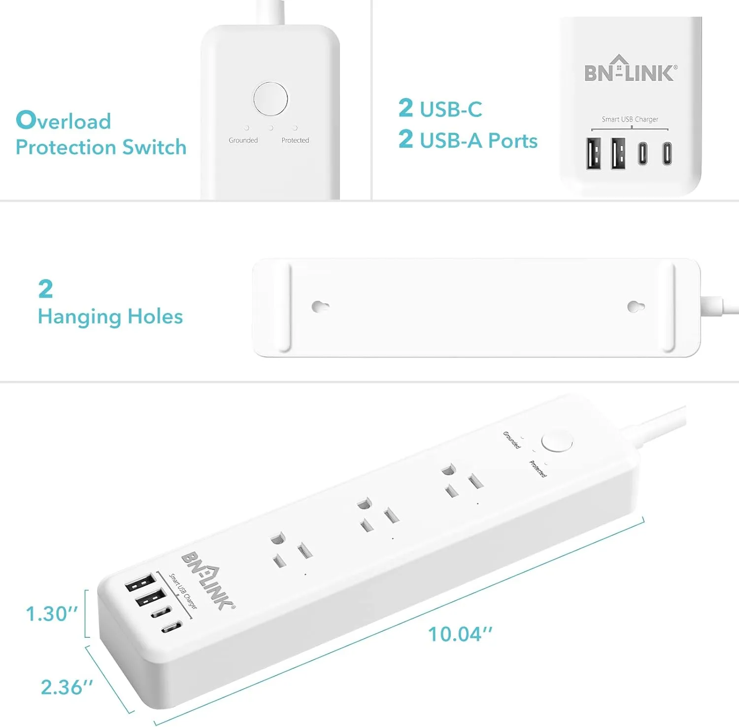 Surge Protector Power Strip with 4AC Outlets 4 USB Ports Heavy Duty BN-LINK