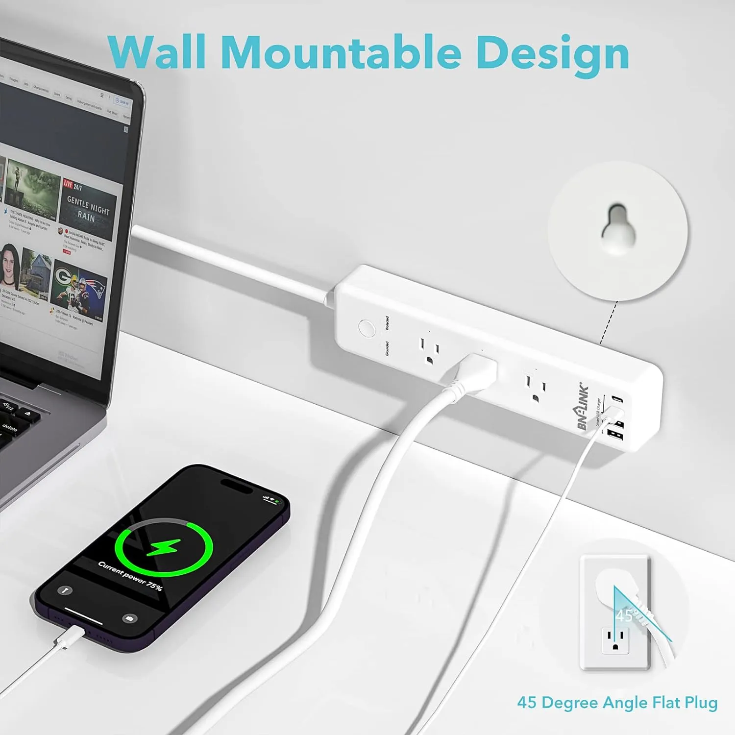 Surge Protector Power Strip with 4AC Outlets 4 USB Ports Heavy Duty BN-LINK