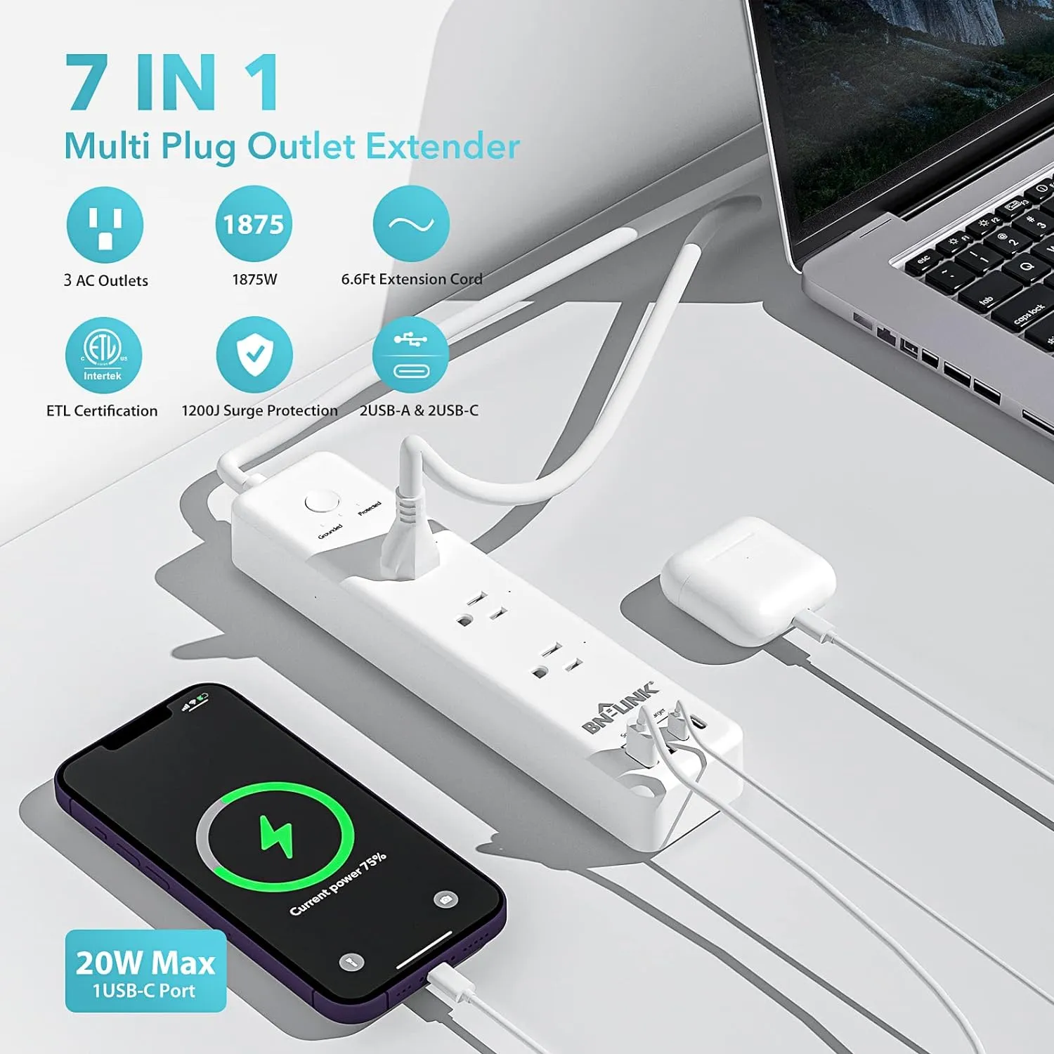 Surge Protector Power Strip with 4AC Outlets 4 USB Ports Heavy Duty BN-LINK