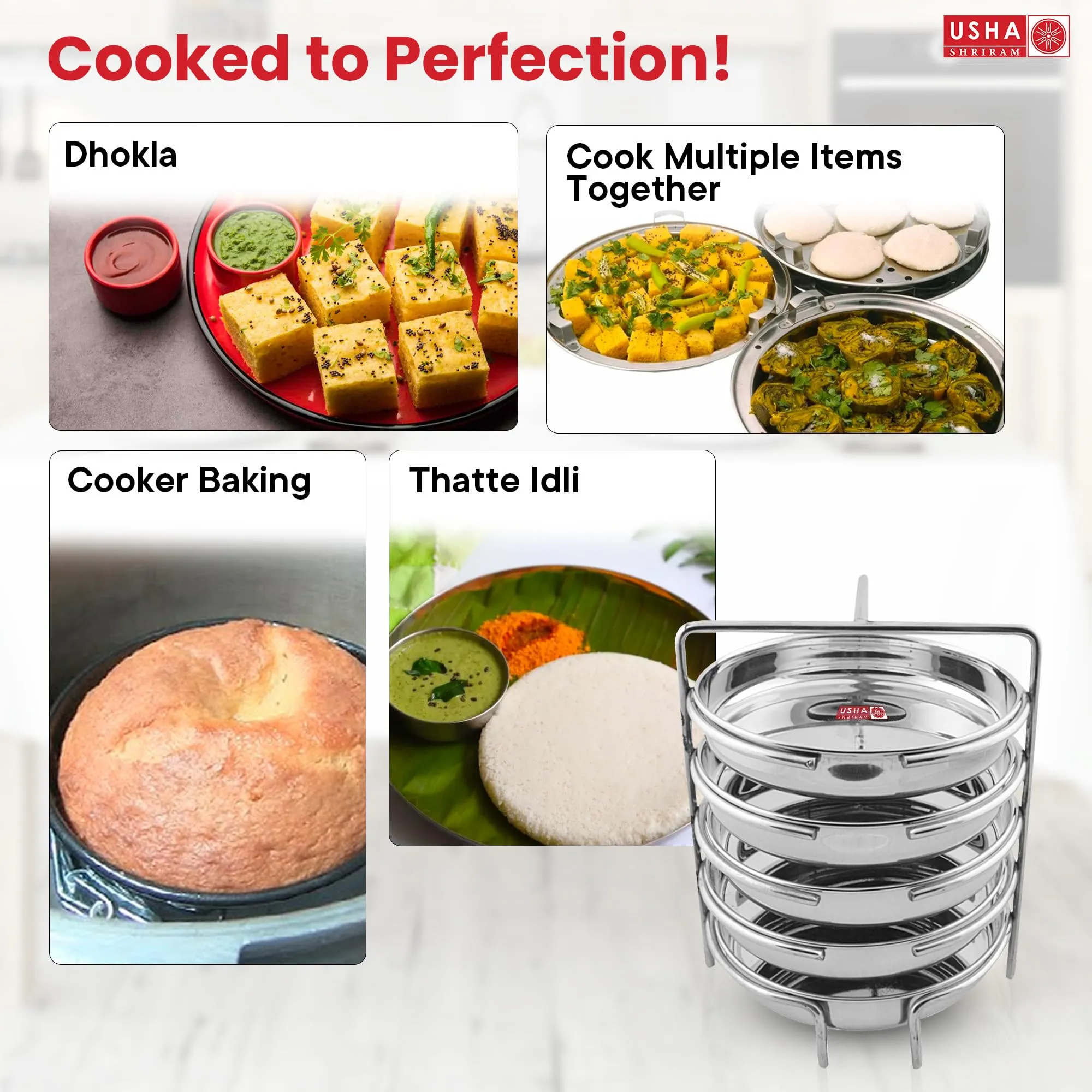 USHA SHRIRAM Stainless Steel Dhokla Maker (5 Plate) With Handle | Dhokla Stand | Dhokla Plate Only | Thattu Idli Plate | Idli And Dhokla Maker | Khaman Dhokla Plate