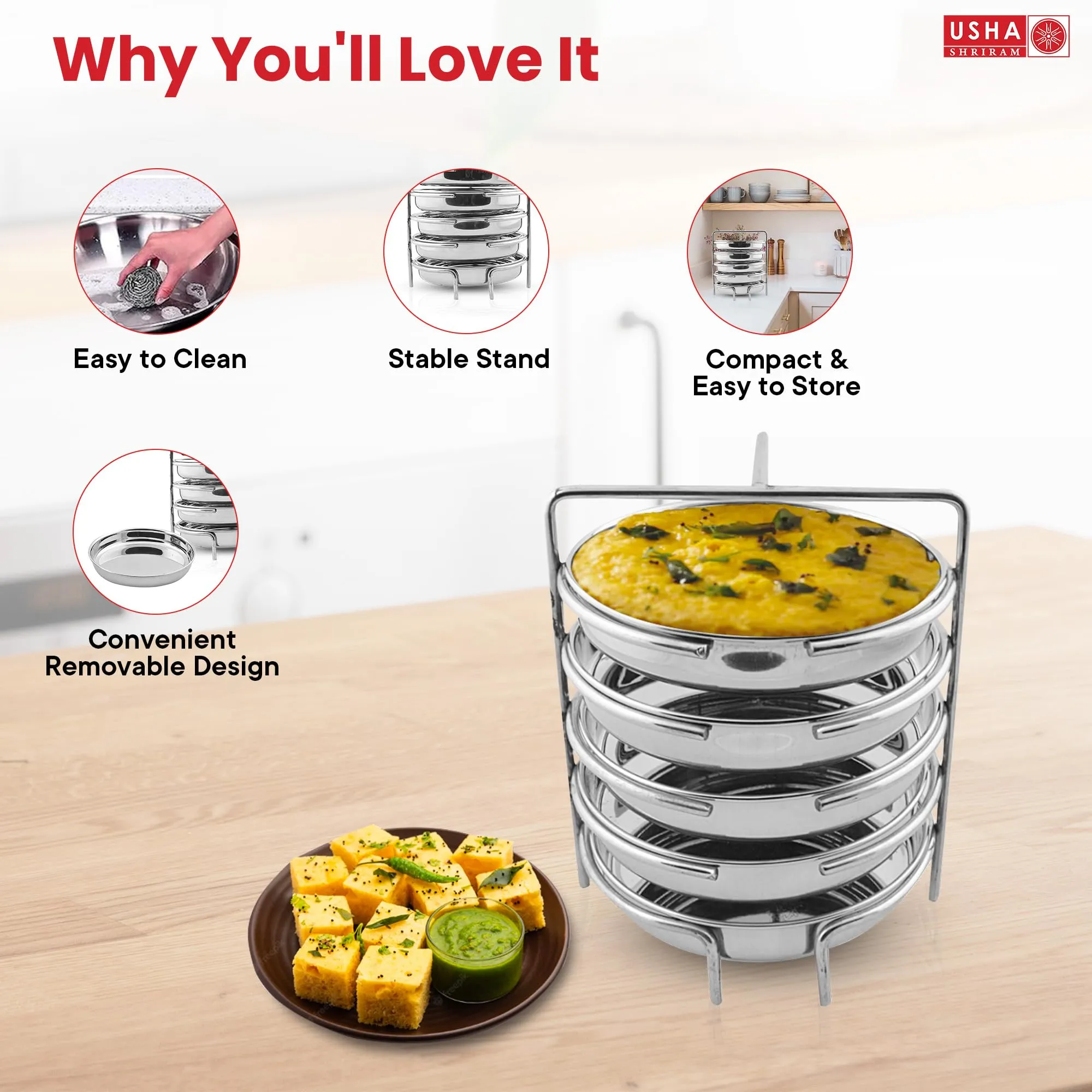 USHA SHRIRAM Stainless Steel Dhokla Maker (5 Plate) With Handle | Dhokla Stand | Dhokla Plate Only | Thattu Idli Plate | Idli And Dhokla Maker | Khaman Dhokla Plate