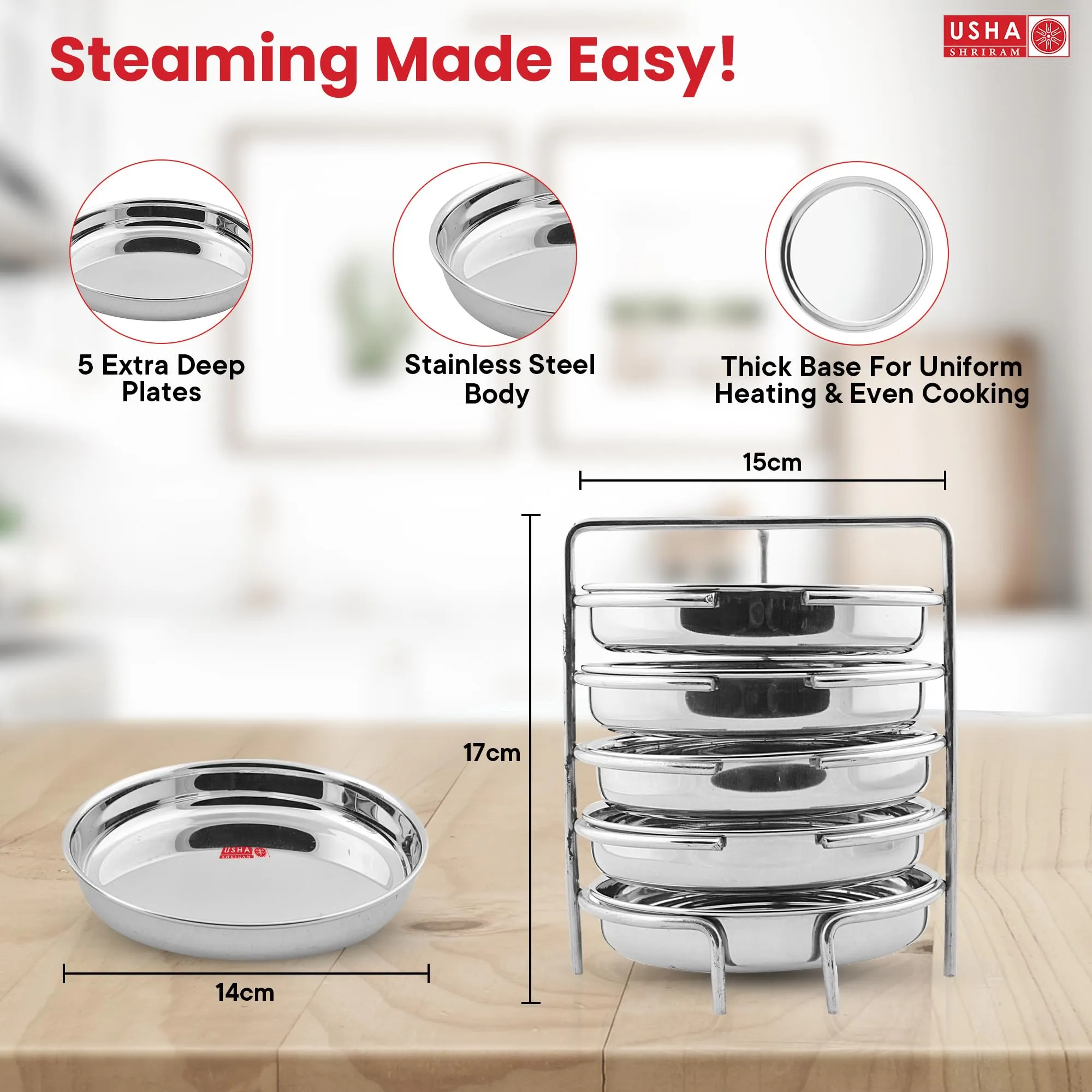 USHA SHRIRAM Stainless Steel Dhokla Maker (5 Plate) With Handle | Dhokla Stand | Dhokla Plate Only | Thattu Idli Plate | Idli And Dhokla Maker | Khaman Dhokla Plate